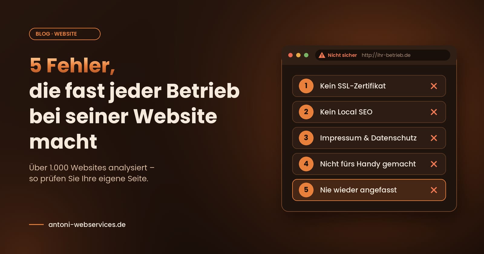 Grafik mit dem Titel „5 Fehler, die fast jeder Betrieb bei seiner Website macht“ und einem stilisierten Browserfenster mit Warnhinweis „Nicht sicher“ und den fünf Fehlern als Liste
