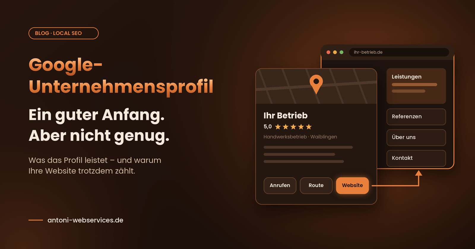 Grafik mit dem Titel „Google-Unternehmensprofil: Ein guter Anfang. Aber nicht genug.“ und einer stilisierten Profilkarte, deren Website-Button zu einem Browserfenster führt